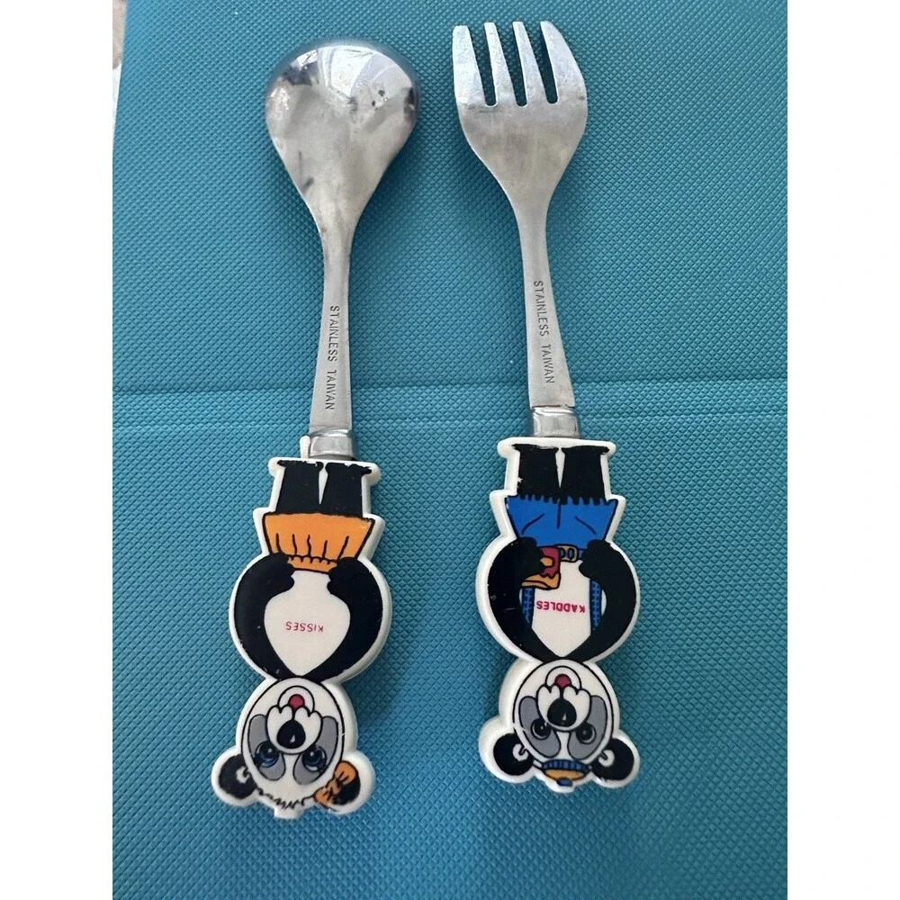 Vintage Kaddles & Kisses Panda Kids Spoon & Fork Set Stainless Taiwan Rare